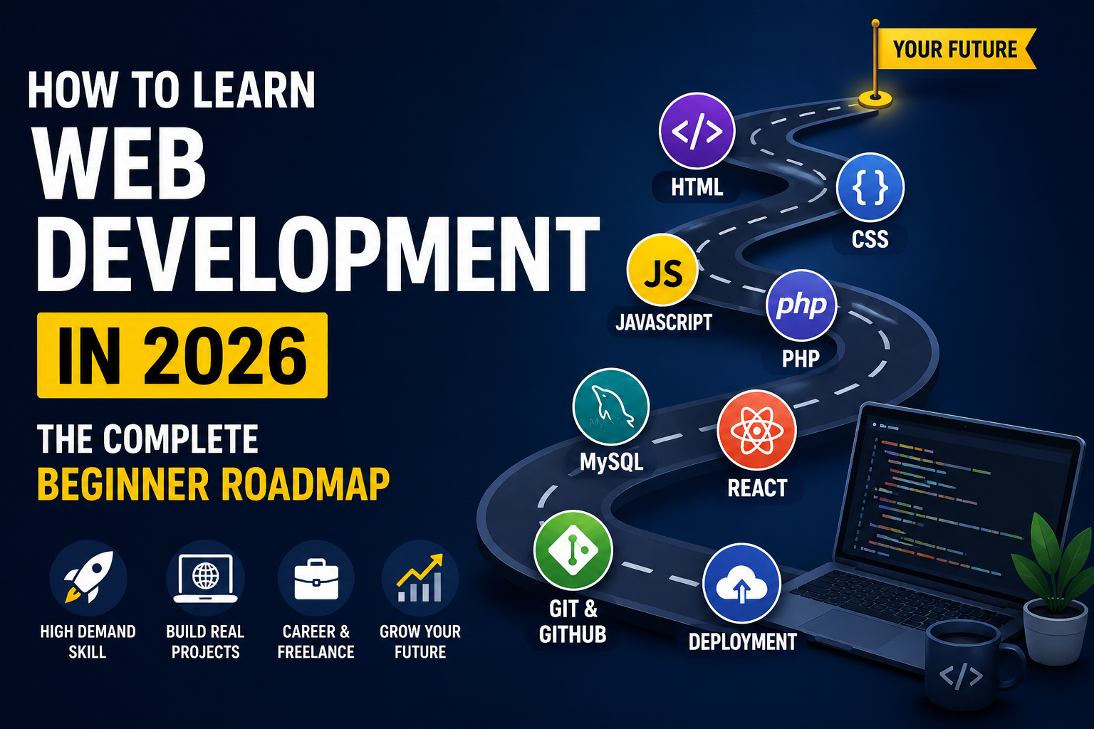 Complete web development roadmap for beginners in 2026 showing HTML, CSS, JavaScript, PHP, MySQL, Git, React, and deployment.