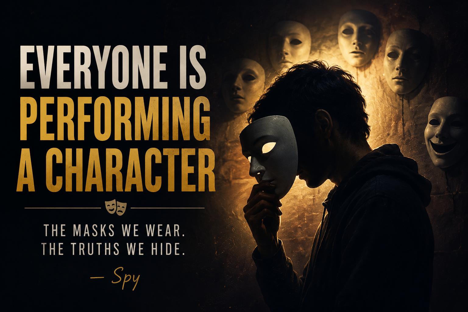 Silhouette of a person holding a theatrical mask under a spotlight, symbolizing identity, hidden emotions, and the roles people perform in life.